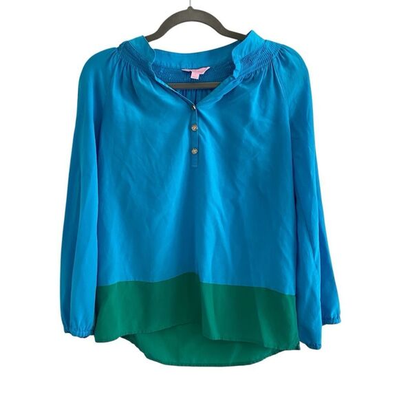 Lilly Pulitzer Elsa Silk Top Color Block Combo Blue Green Long Sleeve - Picture 2 of 10